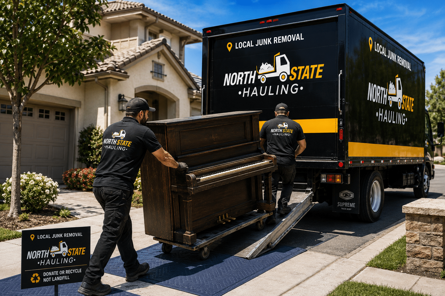 North State Hauling crew loading an upright piano into a removal truck at a Brentwood, CA home.