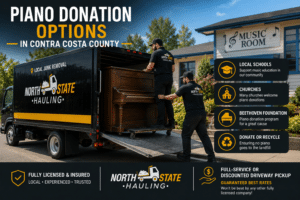 North State Hauling crew loading an upright piano for donation or recycling in Contra Costa County, California.