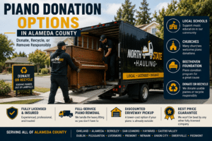 North State Hauling crew removing an upright piano for donation or recycling in Alameda County, California.